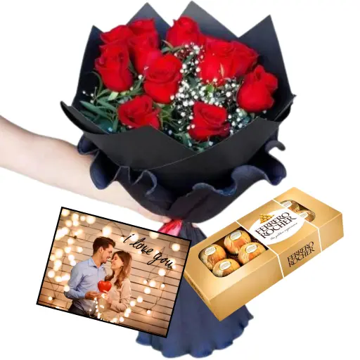 Ramo de rosas con foto tarjeta y rocher x8 